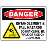 Danger entanglement and fall hazard conveyor safety sign with warning symbol
