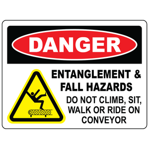 Danger entanglement and fall hazard conveyor safety sign with warning symbol