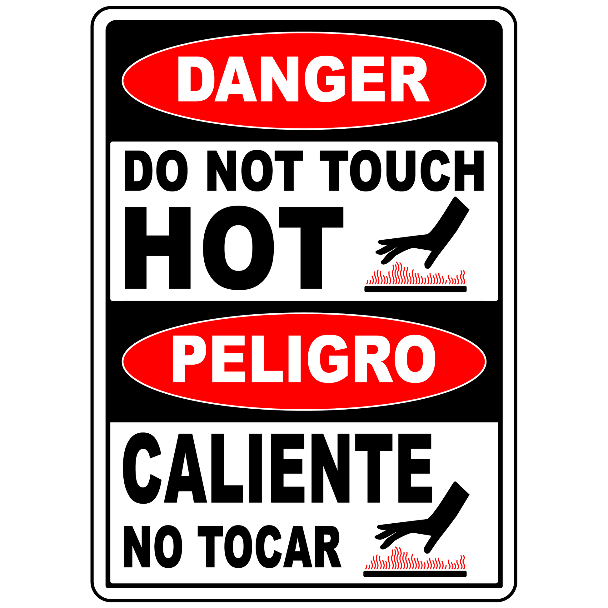 Bilingual danger label for hot surface and burn hazard