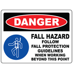 Danger fall hazard follow fall protection guidelines sign with safety harness symbol