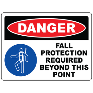 Danger fall protection required beyond this point sign with safety harness symbol