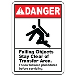 Danger falling objects transfer area sign with lockout procedure warning symbol