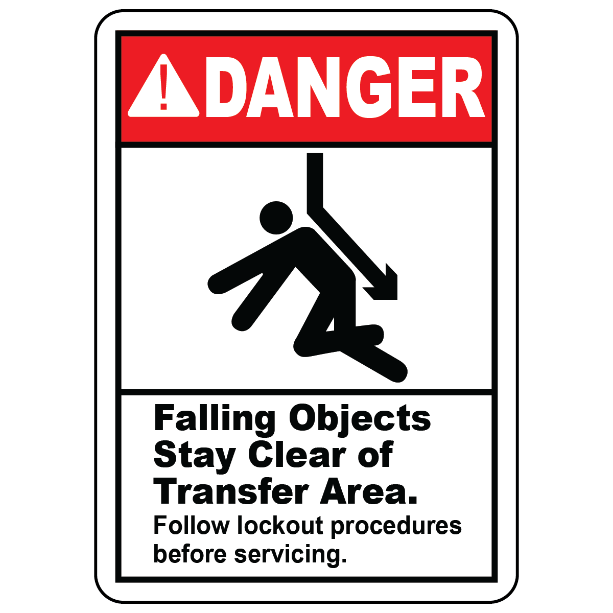 Danger falling objects transfer area sign with lockout procedure warning symbol
