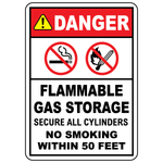 Danger flammable gas storage sign with no smoking and no open flames symbols