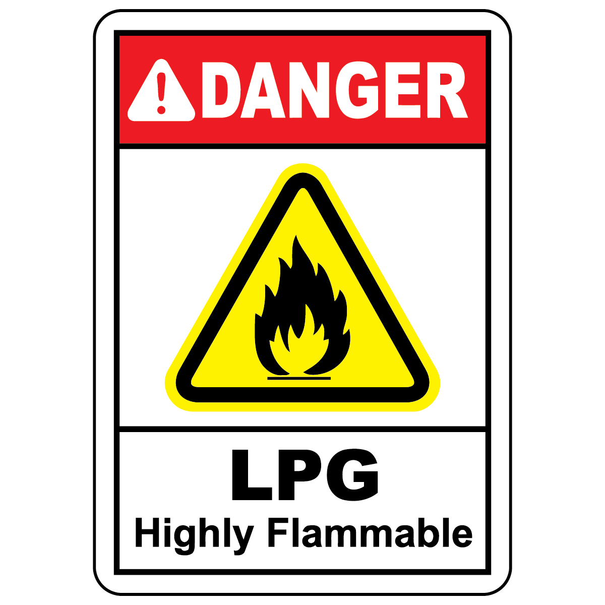 Danger LPG highly flammable sign with flammable material hazard symbol for gas storage safety