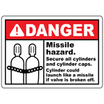 Danger missile hazard sign warning to secure gas cylinders and valve caps