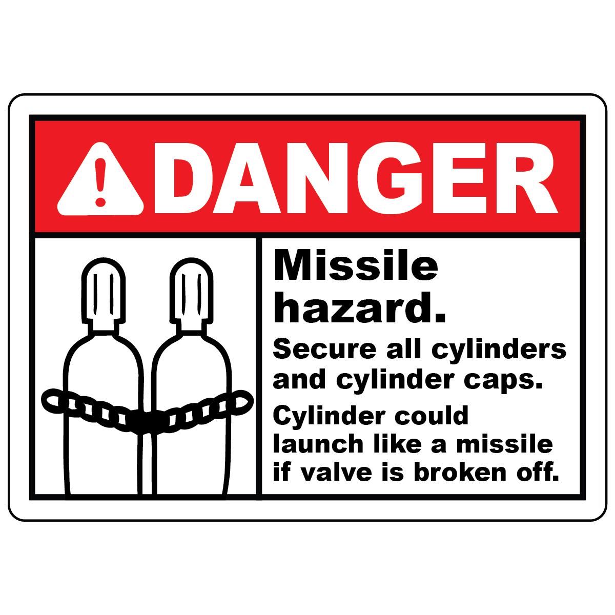 Danger missile hazard sign warning to secure gas cylinders and valve caps
