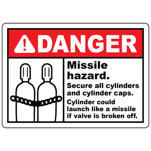 Danger missile hazard sign warning to secure gas cylinders and valve caps