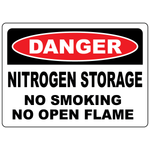 Danger nitrogen storage sign with no smoking and no open flame warning for workplace safety