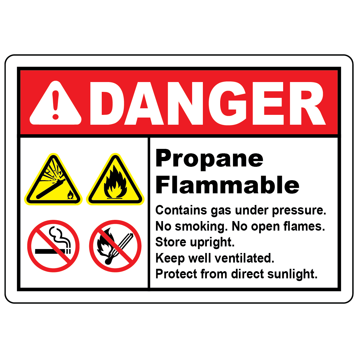 Danger propane flammable safety sign with no smoking and no open flames symbols