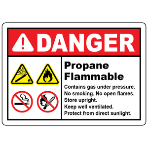 Danger propane flammable safety sign with no smoking and no open flames symbols