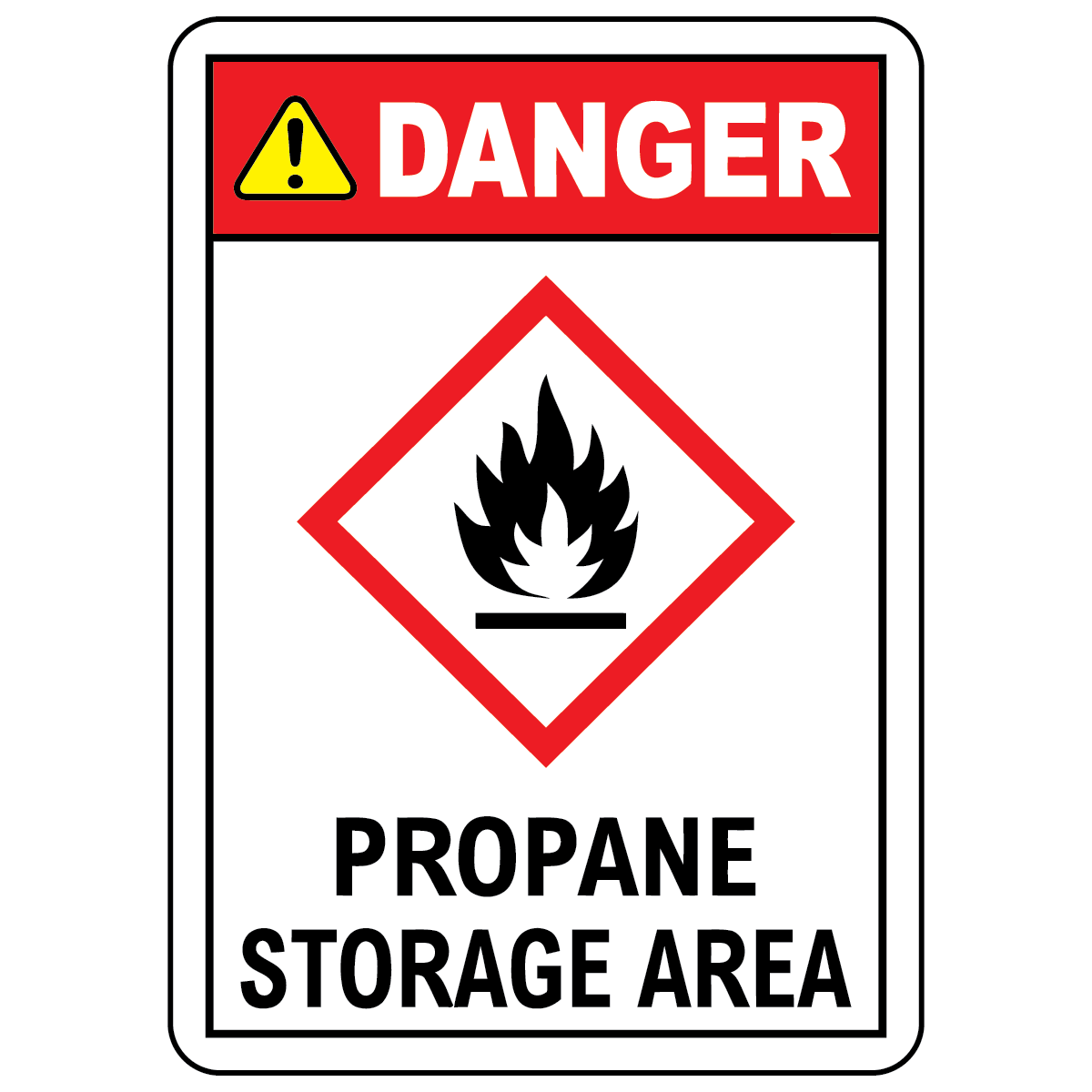 Danger propane storage area sign with GHS02 flammable symbol for workplace safety