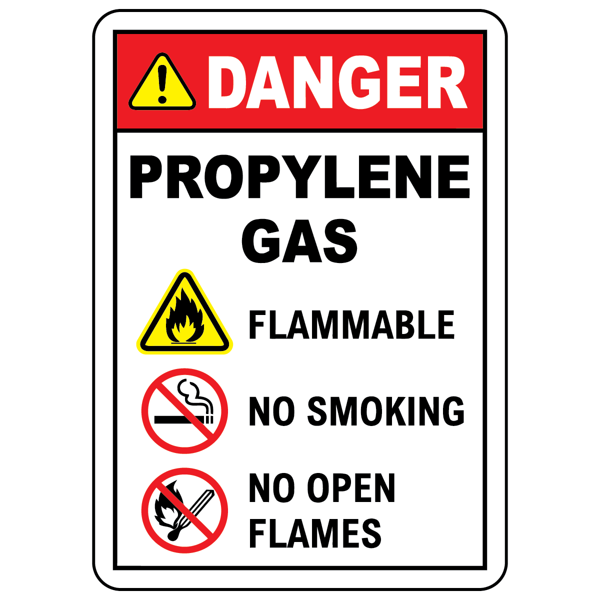 Danger propylene gas safety sign with flammable, no smoking and no open flames symbols