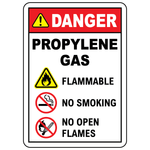 Danger propylene gas safety sign with flammable, no smoking and no open flames symbols
