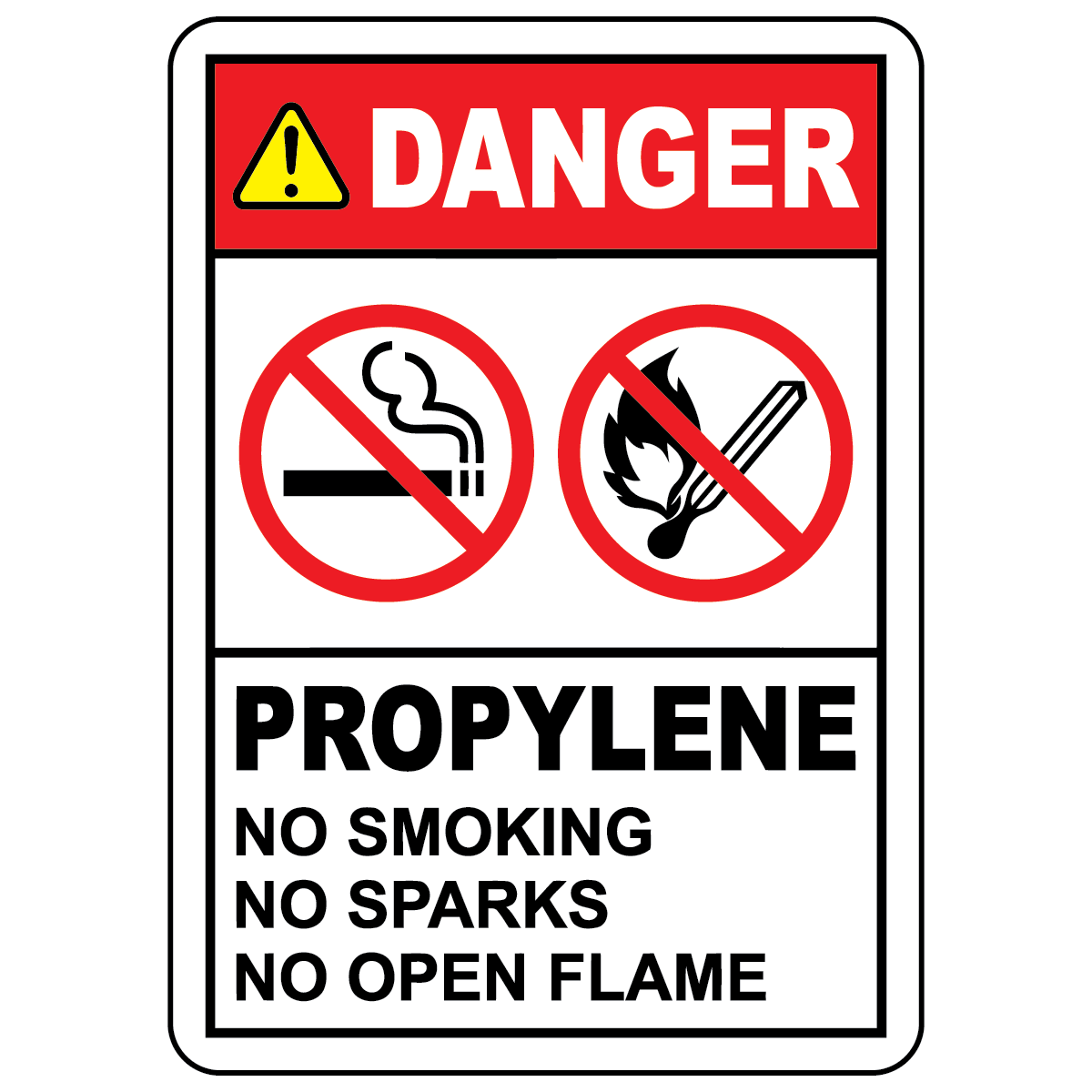 Danger propylene no smoking sign prohibiting sparks and open flames in gas storage areas