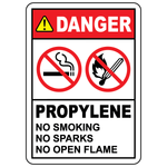 Danger propylene no smoking sign prohibiting sparks and open flames in gas storage areas