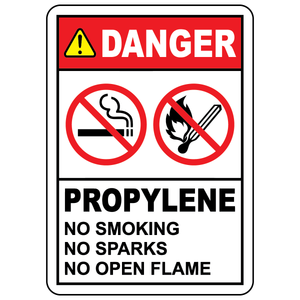 Danger propylene no smoking sign prohibiting sparks and open flames in gas storage areas
