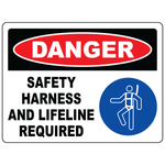 Danger safety harness and lifeline required sign with mandatory harness symbol