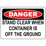 Danger stand clear label warning around lifted container hazards