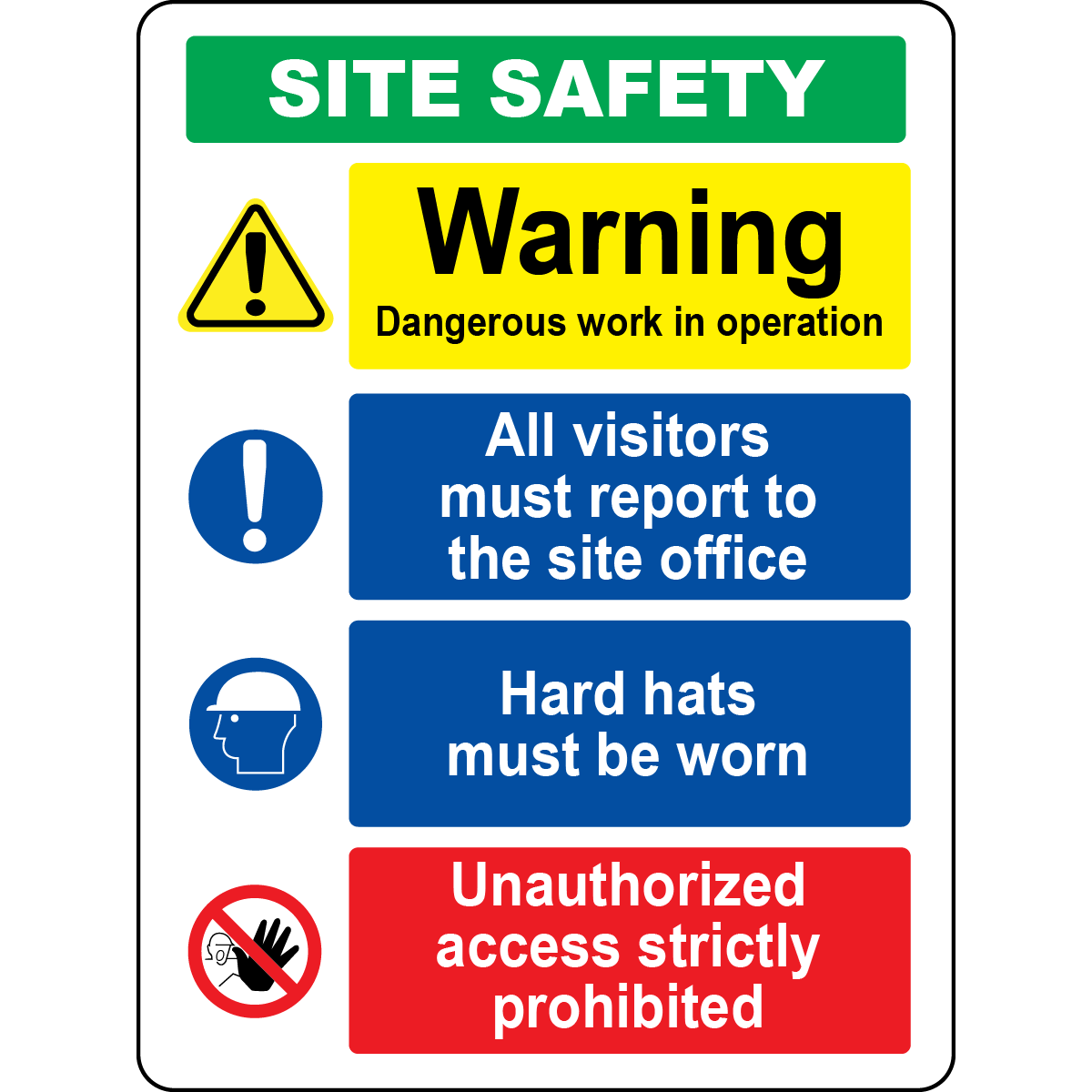 Dangerous work site safety hard hats required sign