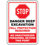 Stop danger deep excavation fall protection safety sign