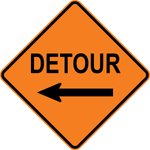 Detour traffic control sign for road construction and temporary road closure routing