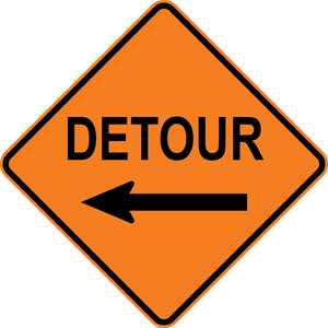Detour traffic control sign for road construction and temporary road closure routing