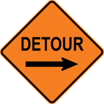 Detour traffic control warning sign for road construction and temporary rerouting