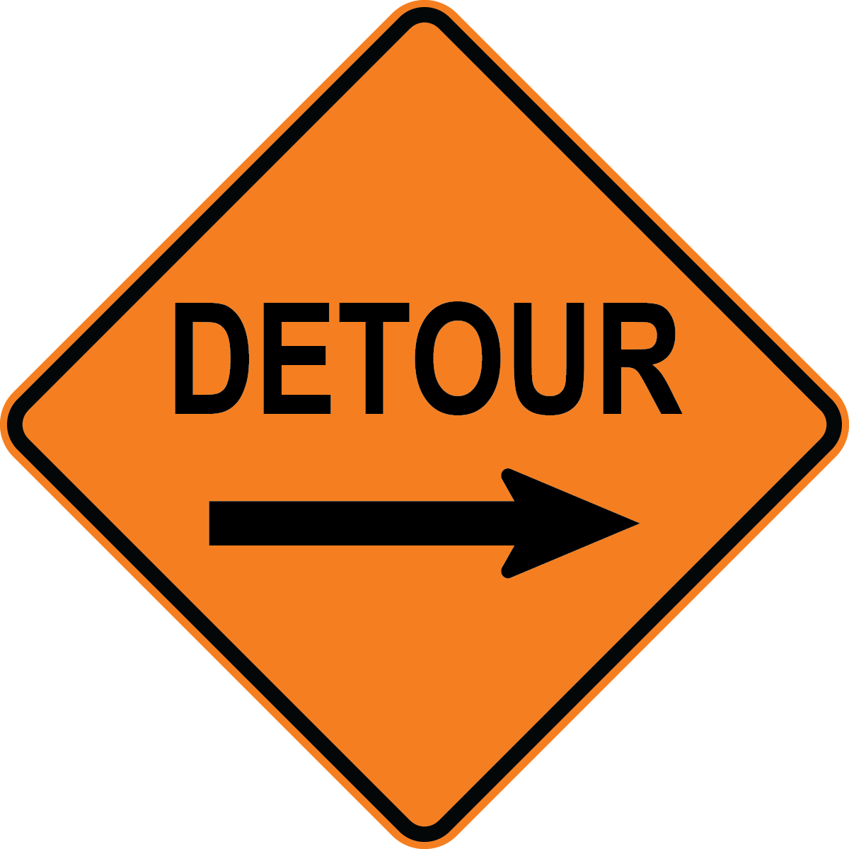 Detour traffic control warning sign for road construction and temporary rerouting
