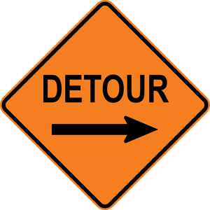 Detour traffic control warning sign for road construction and temporary rerouting