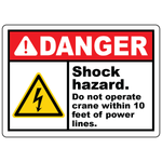 Crane power line clearance sign warning of electrical shock hazard