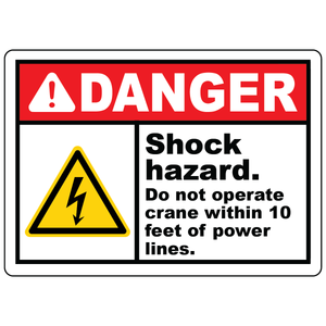 Crane power line clearance sign warning of electrical shock hazard