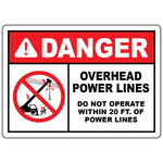 Danger overhead power lines safety sign with 20 foot clearance warning