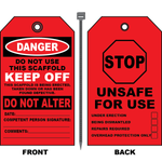 Danger scaffold tag marking scaffold unsafe for use with stop symbol