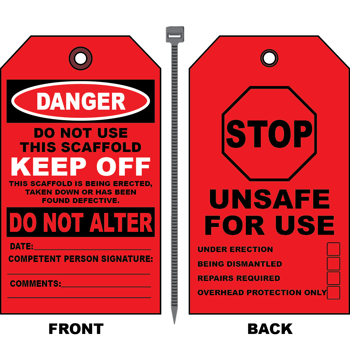 Danger scaffold tag marking scaffold unsafe for use with stop symbol