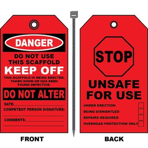 Danger scaffold tag marking scaffold unsafe for use with stop symbol