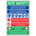 Construction site banner with visitor reporting PPE and hazard safety symbols