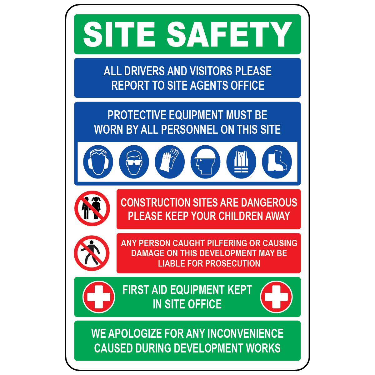 Construction site banner with visitor reporting PPE and hazard safety symbols