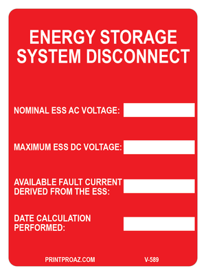 2.75x3.75 Energy Storage System Disconnect V-589 Decal Solar Labels