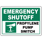 Emergency shutoff propylene pump switch sign with pump switch symbol for rapid emergency response