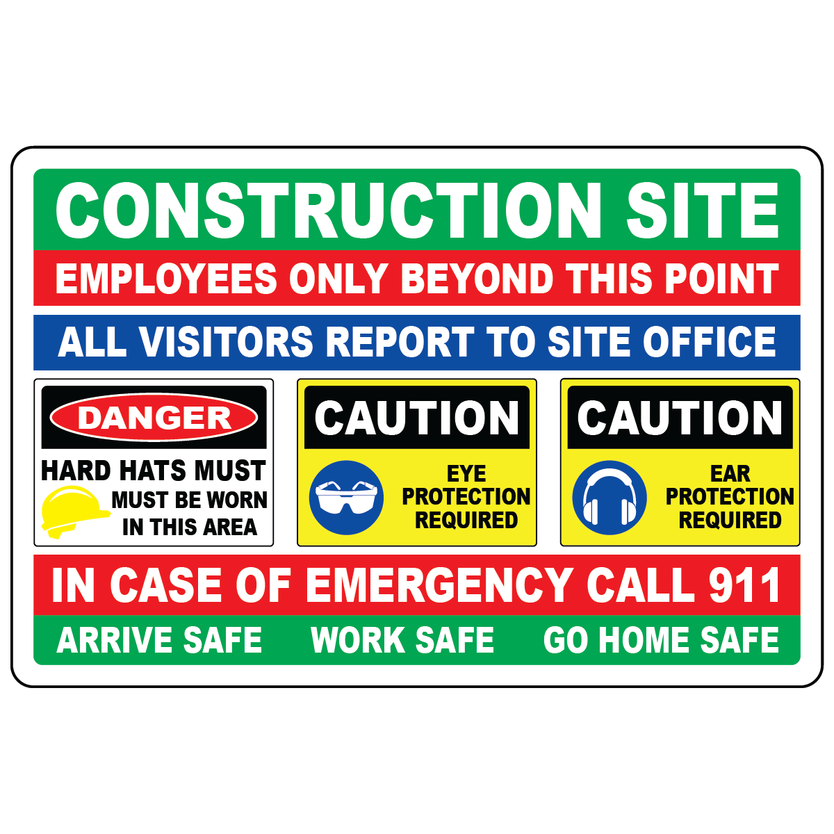 Construction employees only banner with hard hat eye and ear protection symbols