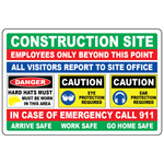 Construction employees only banner with hard hat eye and ear protection symbols