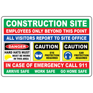 Construction employees only banner with hard hat eye and ear protection symbols