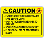 Scaffolding safety sign with authorized personnel warning symbol