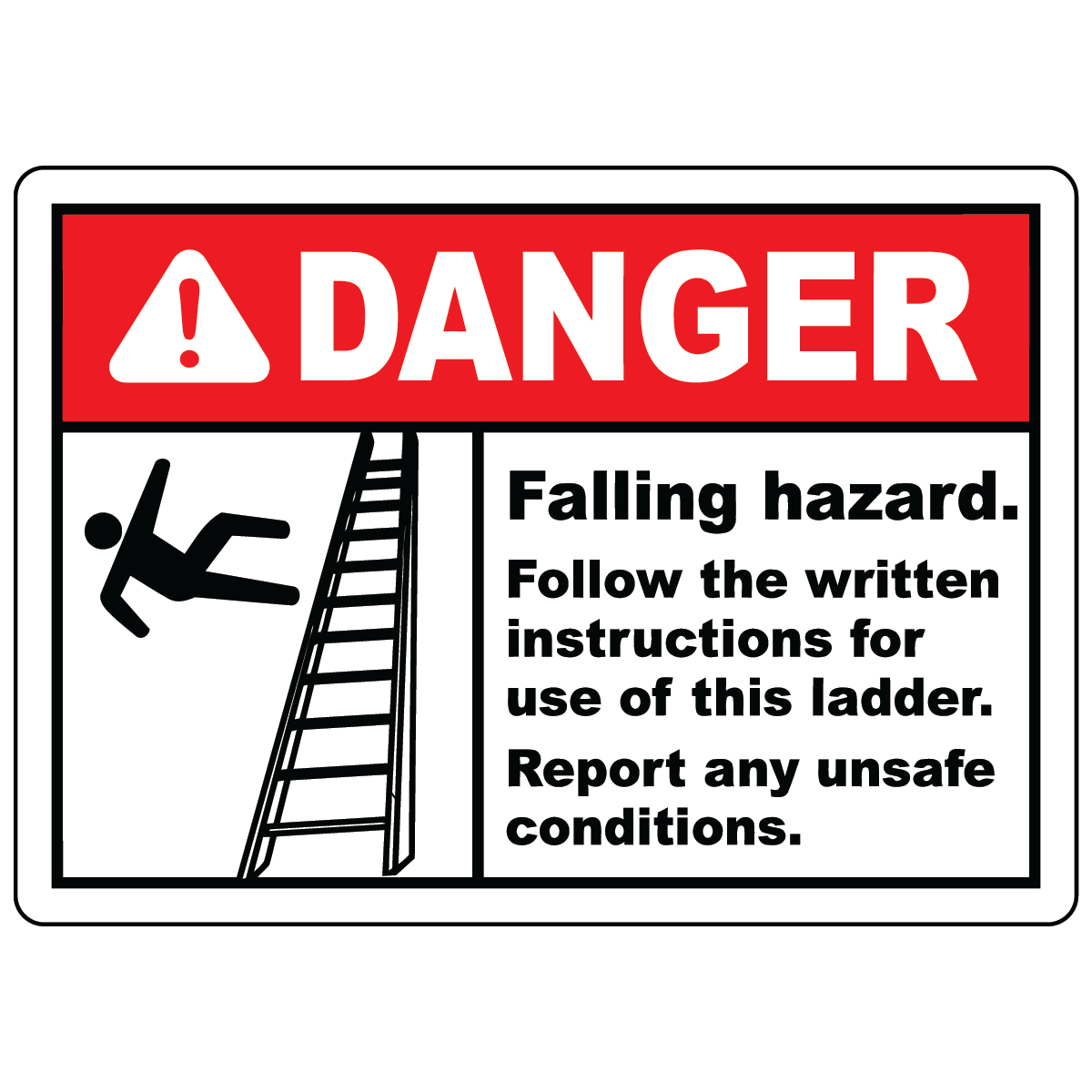 Falling hazard ladder safety sign with ladder warning symbol