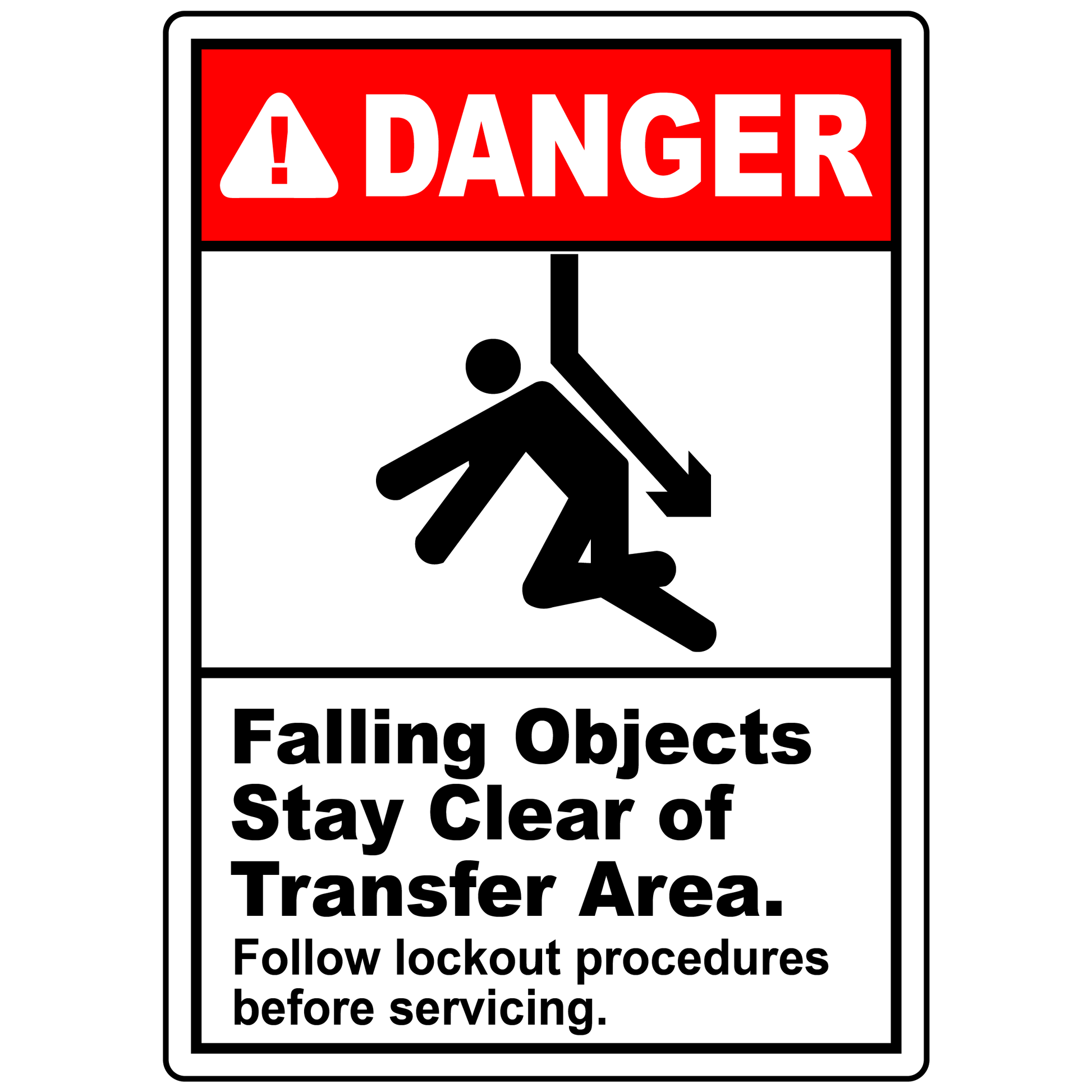 Danger Falling Objects Stay Clear of Transfer Area. Follow Lockout Procedures Before Servicing.