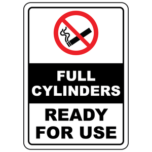 Full cylinders ready for use sign with international no smoking symbol