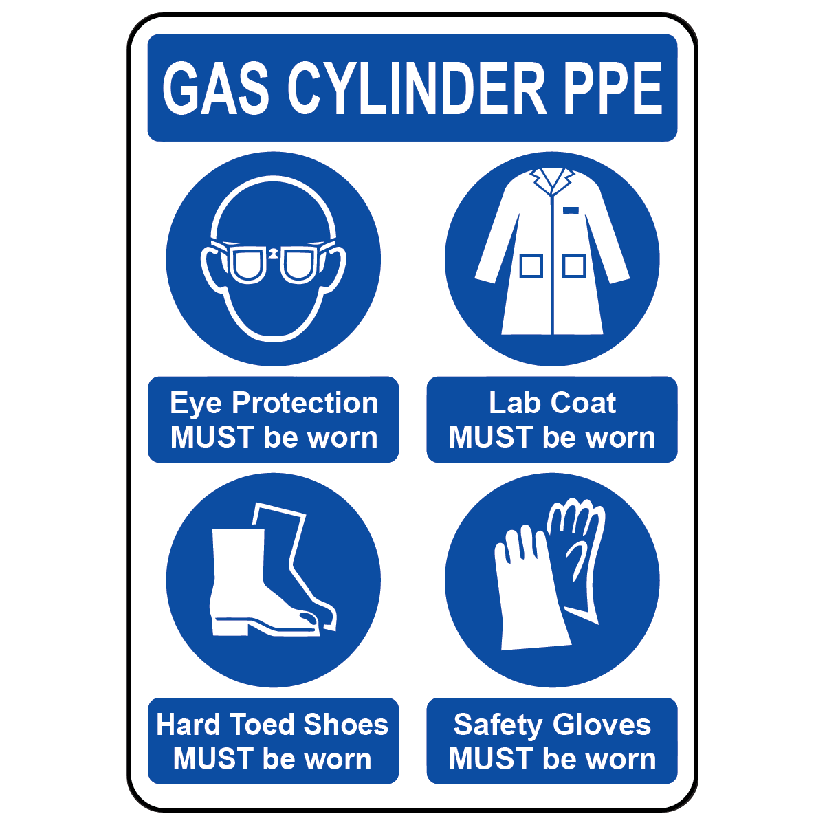 Gas cylinder PPE sign with mandatory eye, lab coat, safety shoes and gloves protection symbols