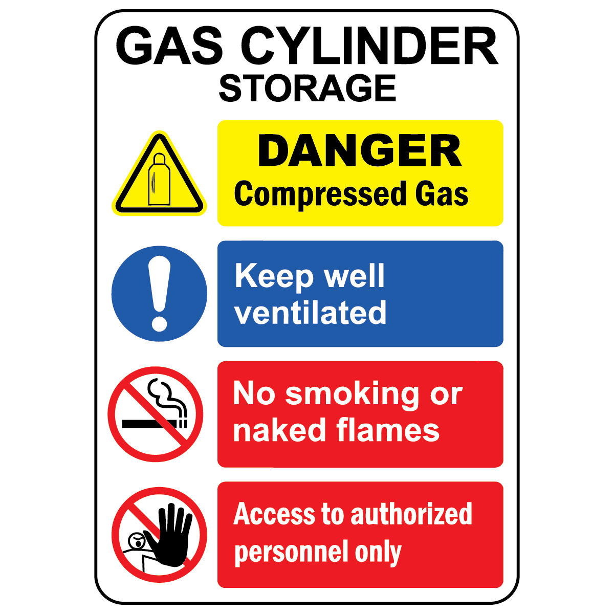 Gas cylinder storage danger sign with ventilation, no smoking, and authorized access symbols