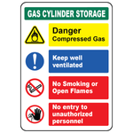 Gas cylinder storage safety sign with no smoking, oxidizer, ventilation, and restricted access symbols